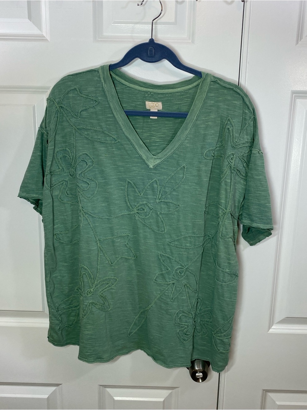LOGO by Lori Goldstein Sage Green V-Neck Short Sleeve Tee with Floral Appliqué